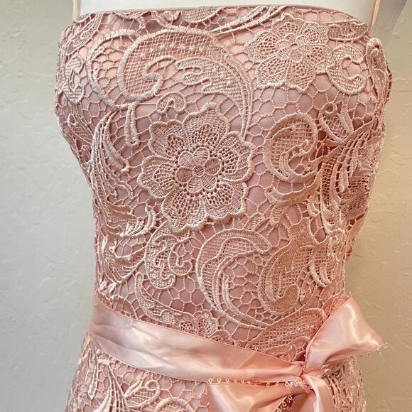 ~ NEW** Adrianna Papell 14 Cocktail Dress Blush Crochet Strapless Lace Mini Knee - Picture 3 of 14
